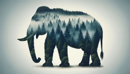 Obraz premium Surreal elephant silhouette, double exposure, pine forest interior, misty mountain landscape, ethereal lighting, dreamlike atmosphere, muted color palette, symmetrical composition, wildlife conservati