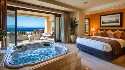 A luxury bedroom with a private balcony, hot tub, and ocean view 