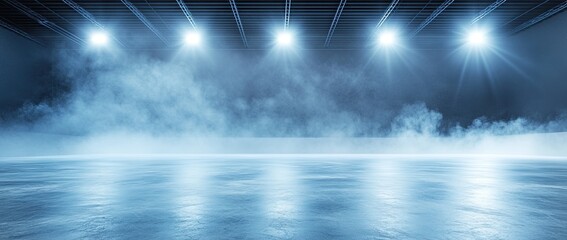 A professional ice rink illuminated by neon lights and spotlights with smoke, featuring copyspace. Ideal for a winter hockey competition poster. Stadium setting.  image