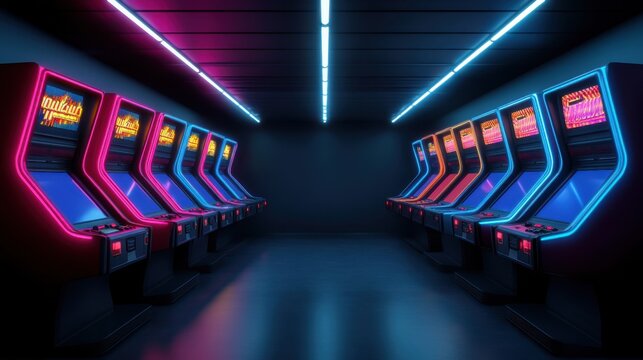 Retro Neon Arcade with Multiple Game Machines in a Dark Room Filled with Colorful Lights and Glow Effects