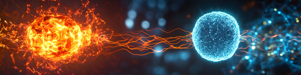Molecule charged with solar energy. Solar energy is  converted into electricity. An atom with protons and electrons. Abstract molecular structure. Scientific concept.  Web banner.