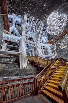 Wooden structures below ground in the Wieliczka Salt Mine, the wood is painted white with lime to prevent corrosion, Wieliczka, Poland, Europe