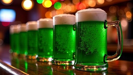 A line of green beer mugs on a bar counter, each filled to the brim with foam spilling slightly over, colorful string lights in the background adding to the celebratory vibe