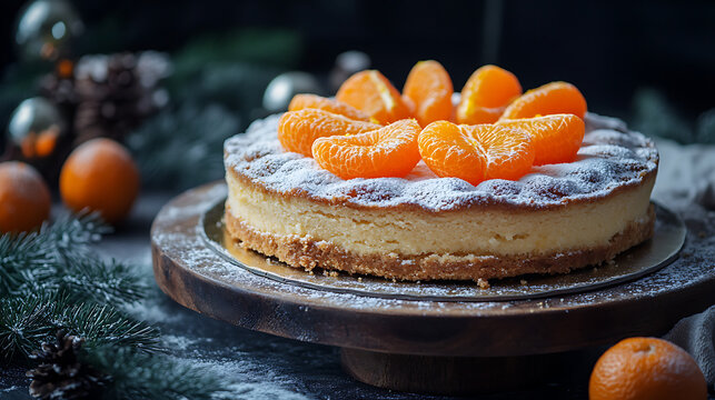 winter cake with mandarins topped with powdered sugar arranged in a rustic style perfect for holiday dessert tables and festive baking ideas
