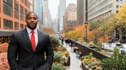 A man in a suit and red tie stands in front of a building in a city. Concept of professionalism and formality, as the man is dressed in a suit and tie
