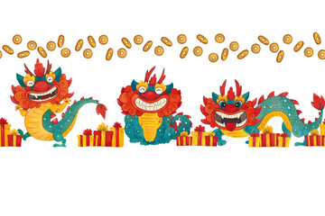 Fototapeta premium Seamless border with Chinese dragon, boxes with gifts and coins on a white background. Watercolor illustration drawn by hand. Drawing for stickers, posters, postcards, printing on fabric. Chinese new 