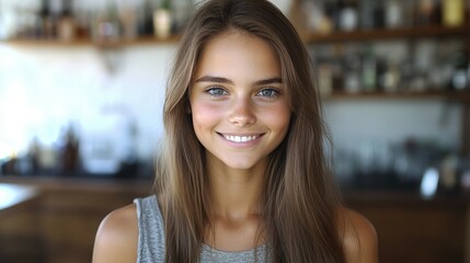 A woman with long brown hair and a smile on her face. She is wearing a gray tank top