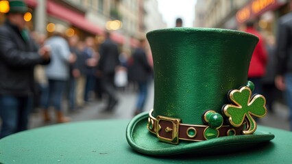 Green leprechaun hat with shamrock design at street festival event