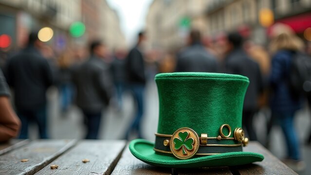 Green leprechaun hat on wooden table in lively street scene