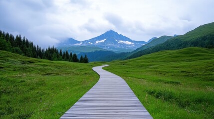 Serene Pathway Through Lush Green Meadow Leading to Majestic Mountain Under Cloudy Sky