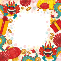 Frame with Chinese dragon, yellow and red lanterns, firecrackers, gifts and coins. Hand drawn watercolor illustration. Drawing for cards, invitations, fabric, paper