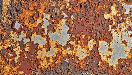 Rusted metal surface with layers of orange brown and dark red corrosion showcasing unique textures...