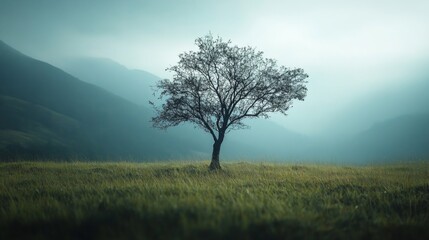 Obraz premium Lone tree on grassy field with misty mountains in background.