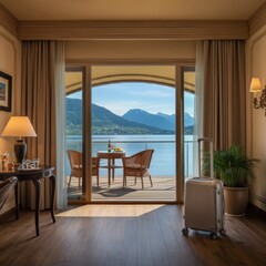 Luxury beachfront living room, panoramic ocean view, floor-to-ceiling windows, modern coastal interior design, warm wood floors, elegant furniture, tropical plants, sunlit space, high coffered ceiling