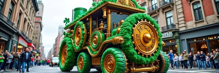 Fototapeta premium Festive green parade tractor rolling through colorful urban streets