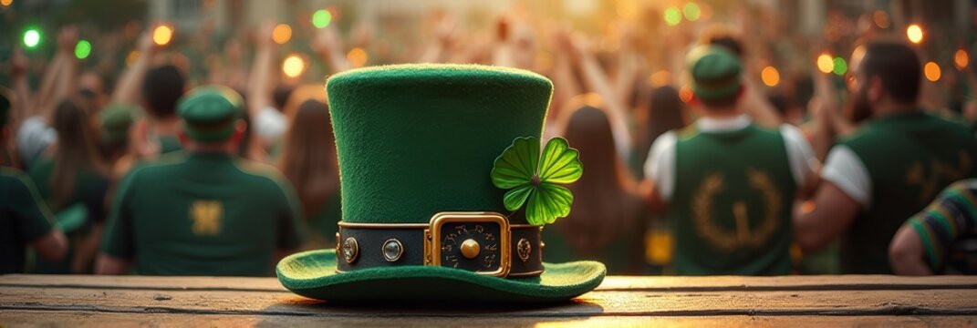 Green leprechaun hat with clover at outdoor irish festival celebration