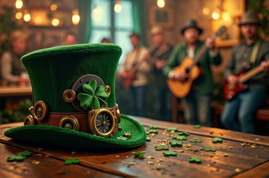 Celebrate st. patrick's day with steampunk hat and live music in irish pub - Powered by Adobe