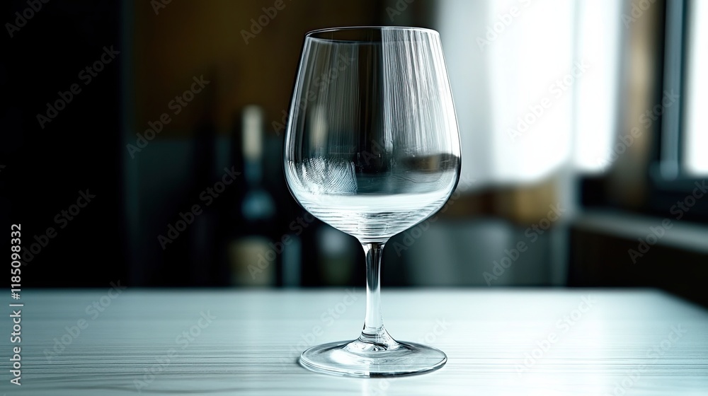 Poster Elegant Curves of an Empty Wine Glass on a Pristine Table With Soft Light Reflections