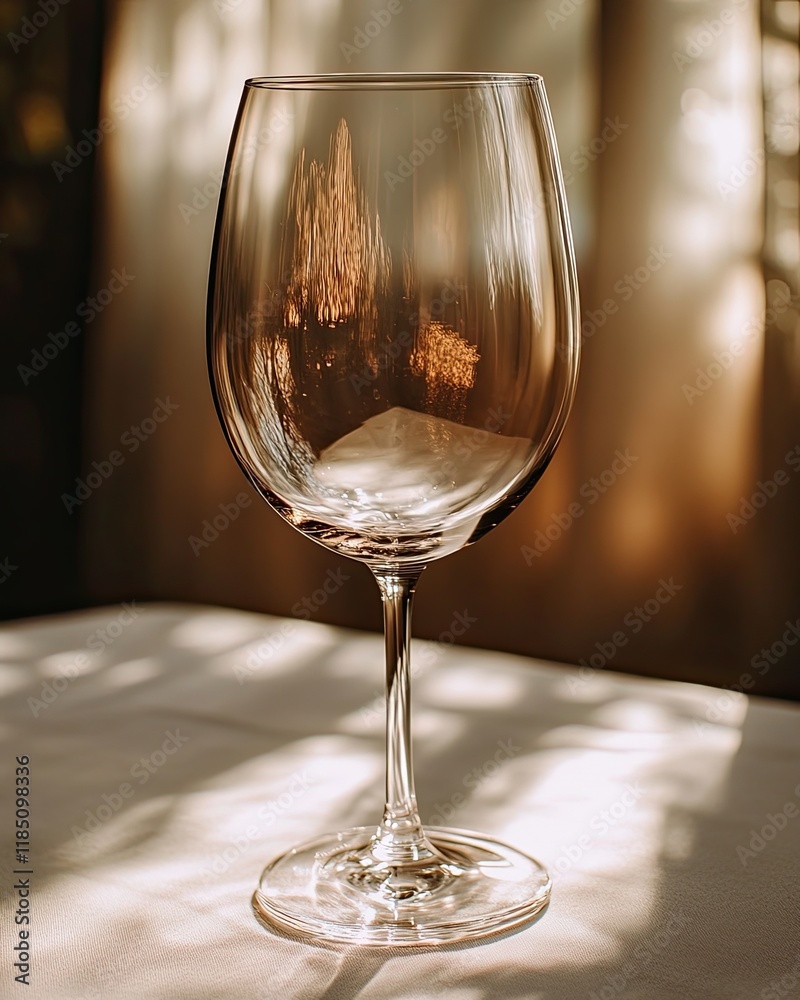 Poster reflections of tranquility in a solitary wine glass on a pristine table at dusk
