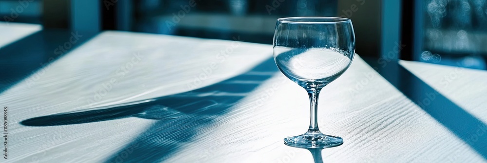 Poster Empty Wine Glass Resting on a Pristine White Table Under Soft Light Reflections