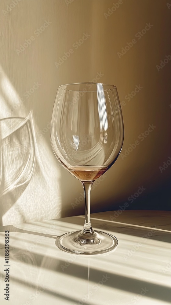 Poster elegant curves of a lone wine glass resting on a pristine white table in soft light