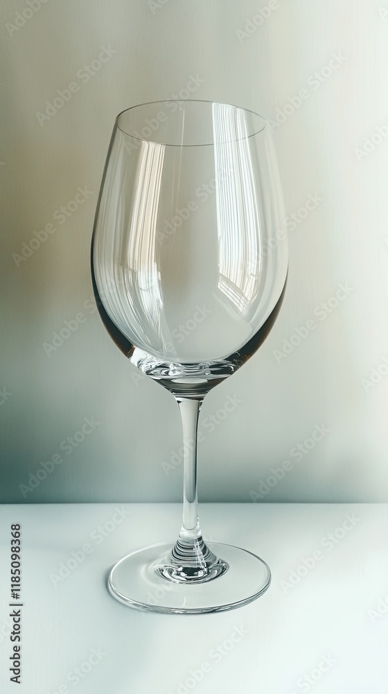 Poster empty wine glass reflecting light on a pristine white table surface in soft ambient surroundings