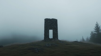 Mysterious stone tower on foggy hill.