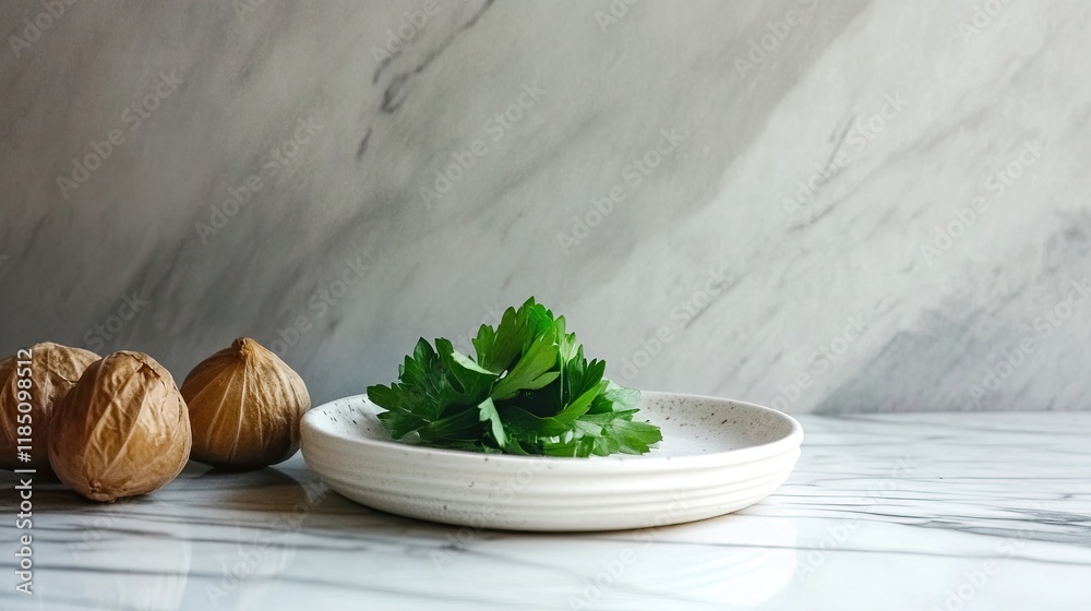 Poster fresh bitter herbs displayed elegantly on a simple plate against a smooth gray backdrop