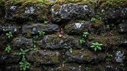 Mossy stone wall with velvety moss plants and aged textures in serene setting
