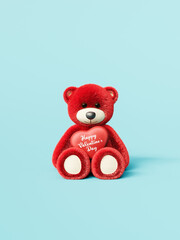 Red fluffy teddy bear holding heart with Happy Valentine's day text on blue background. Valentine's day greeting card design. 3D Rendering, 3D Illustration