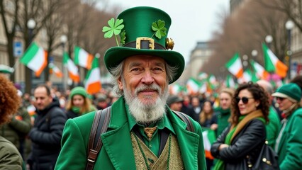 Elderly caucasian male celebrates st. patrick's day parade in green attire