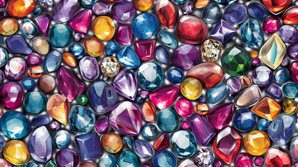 Seamless pattern of gemstones, including gem jewels and diamonds. the vector background features ruby, sapphire, emerald, opal, amethyst, topaz, and quartz rhinestones. Rainstone. Illustration