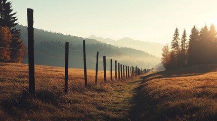 Obraz premium Scenic autumn path with wooden fence, leading towards misty mountains at sunrise.