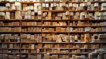 Wall of neatly stacked cardboard boxes in a warehouse.
