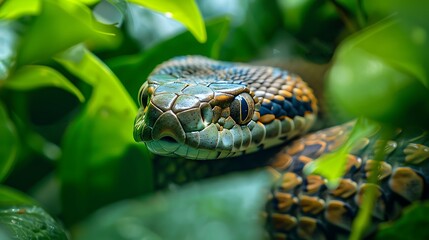 Close-up of a snake's head in lush green foliage.