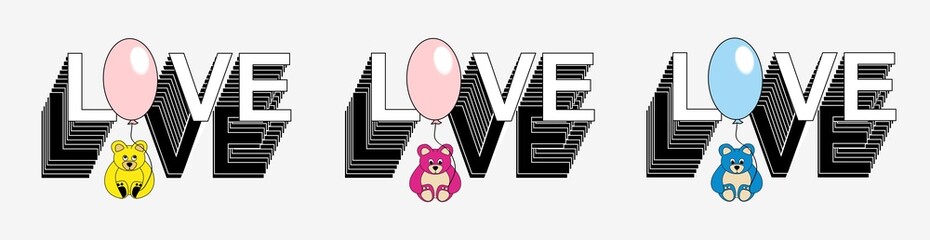 Love word icon. Triple. Teddy bear cub sitting and holding a balloon. Illustration for Valentine's Day, Baby shower, It's a girl, It's a boy, Birthday © Gintare Stackunaite