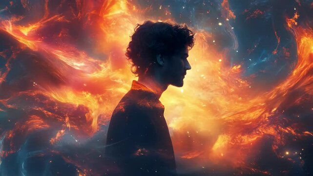 Young man standing in profile with closed eyes against cosmic background, flames and nebula glow swirling around him while deep in thought. Meditation, spirituality and connection with universe