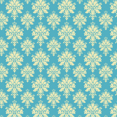 Turquoise and cream damask seamless pattern featuring elegant baroque floral motifs. Perfect for wallpaper, gift wrap, textiles, and stylish decorative backgrounds.