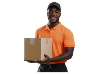 Delivery person smiling while holding a package in an orange shirt in a neutral background