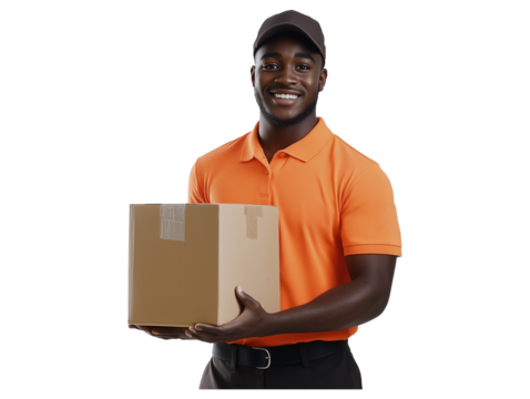Delivery person smiling while holding a package in an orange shirt in a neutral background