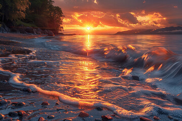 beautiful sunset on the seashore. The golden and orange rays of the setting sun illuminate the water and create bright reflections on the surface of the sea.  