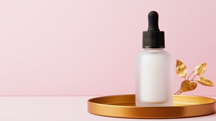 Product display packaging and organized, A minimalistic aesthetic featuring a dropper bottle on a golden tray against a soft pink background, evoking a sense of skincare elegance.