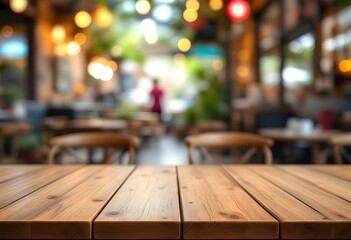 Empty wood table with blur interior outdoor space coffee restaurant or cafe for background