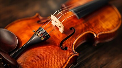 Fototapeta premium Close-up of a vintage violin resting on a wooden surface, showcasing its intricate details and rich, warm tone.