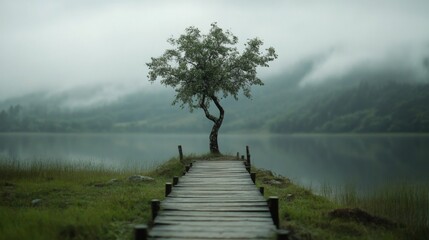 Fototapeta premium Solitary tree on a misty lake with wooden dock.