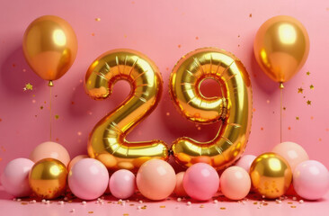 Gold “29” balloons with pink and gold accents, perfect for 29th birthday parties, glam event invites, and festive celebration marketing.