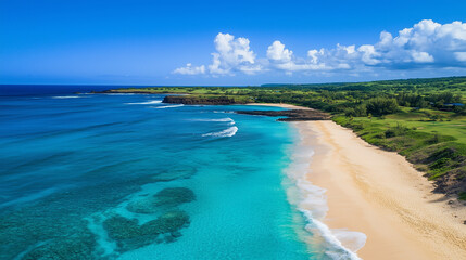 Obraz premium Tropical Beach with Turquoise Water and Lush Greenery