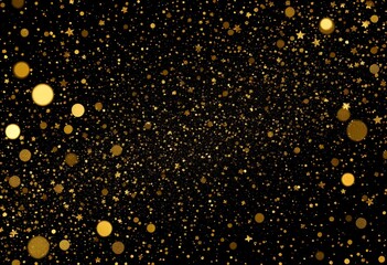 falling gold confetti overlay on dark black background, sparkling effect overlay for event designs, celebration or holiday atmosphere with glowing glitter, festive background for parties