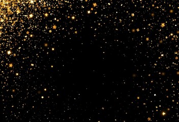 falling gold confetti overlay on dark black background, sparkling effect overlay for event designs, celebration or holiday atmosphere with glowing glitter, festive background for parties