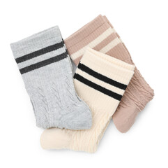 Different soft socks isolated on white, top view